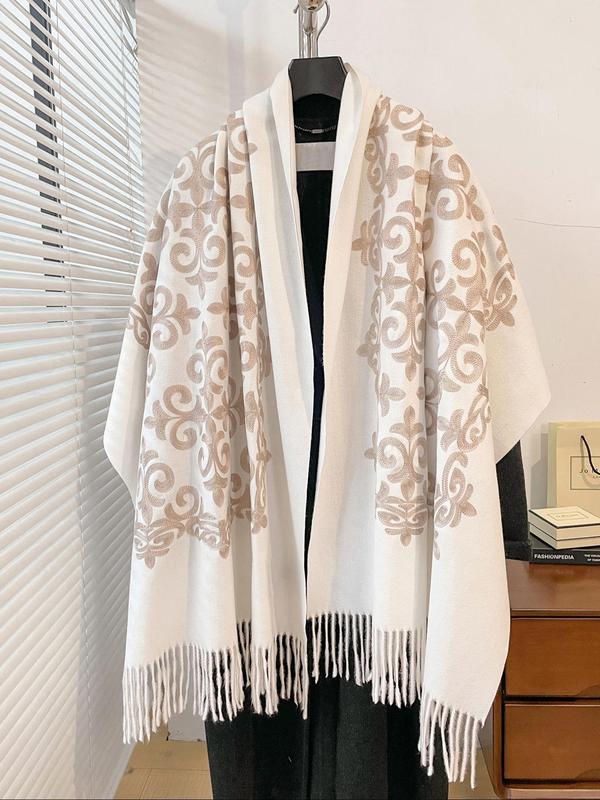 Boho Style Ethnic Pattern Tassel Decor Shawl, Casual Warm Scarf for Fall & Winter, Fashion Accessories for Women