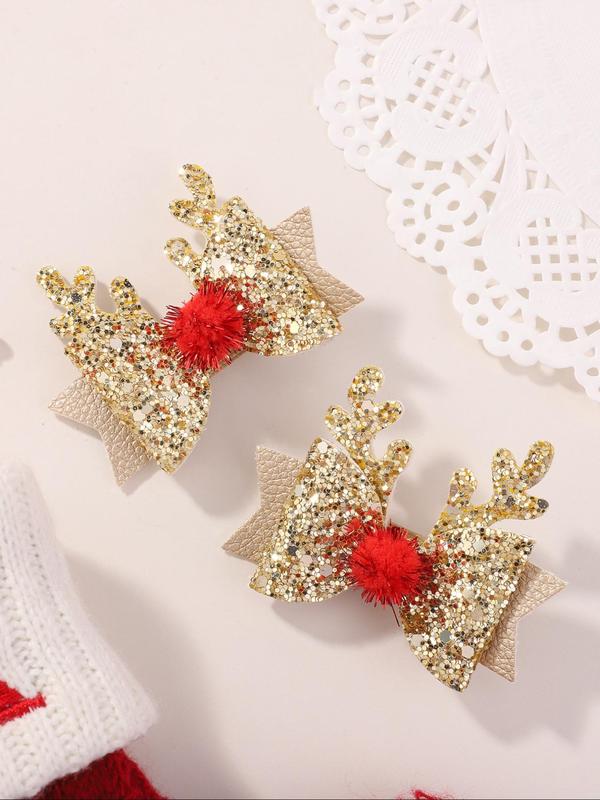 Cute Reindeer Antler & Bowknot Design Hair Clips, Glitter Hair Accessories for Women & Girls, Fashion Hair Accessories for Party, Daily Clothing Decor