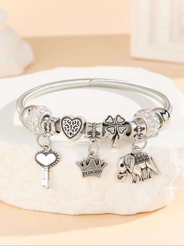 Cute Elephant & Heart & Crown & Key & Four Leaf Clover Charm Bangle, Fashion Jewelry for Party, Daily Clothing Decor, Trendy All-match & Exquisite Jewelry for Birthday Gift