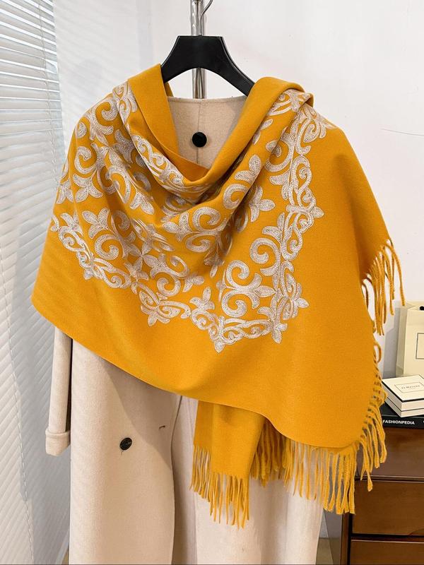 Boho Style Ethnic Pattern Tassel Decor Shawl, Casual Warm Scarf for Fall & Winter, Fashion Accessories for Women