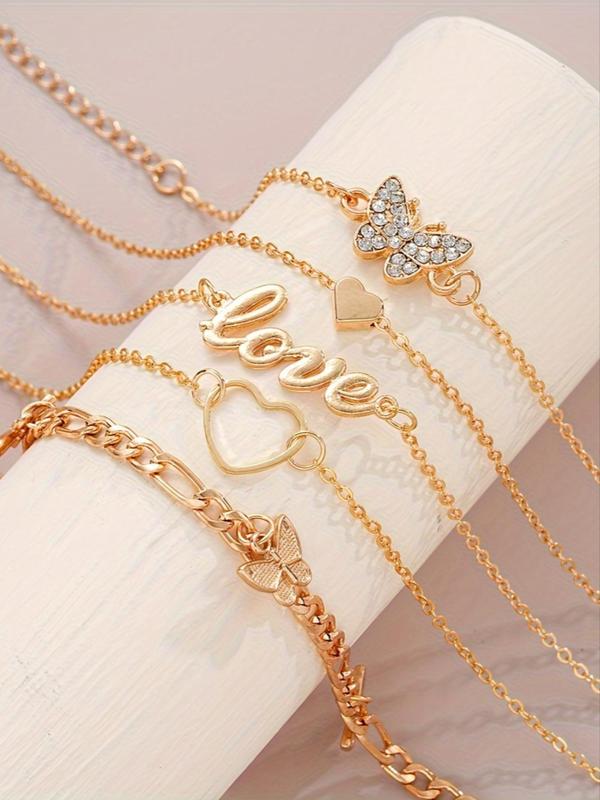 Women's Elegant Rhinestone Decorated Heart & Butterfly Design Anklet, Exquisite Trendy Anklet, Fashionable Jewelry for Women & Girls