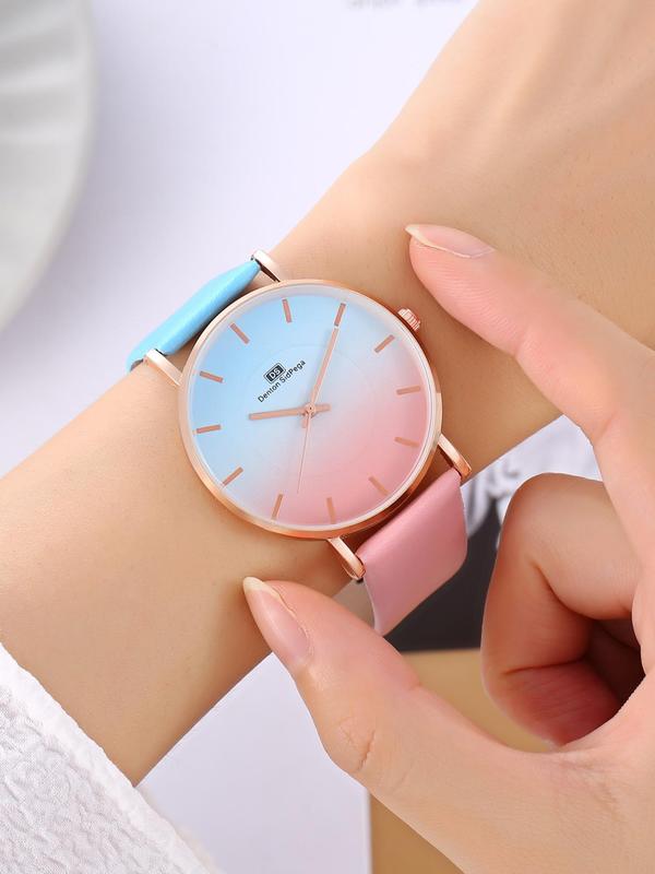 Women's Fashionable Colorblock Round Dial Watch, Casual Wristwatch for Women & Girls, Trendy All-match Watch for Birthday Gift without Box