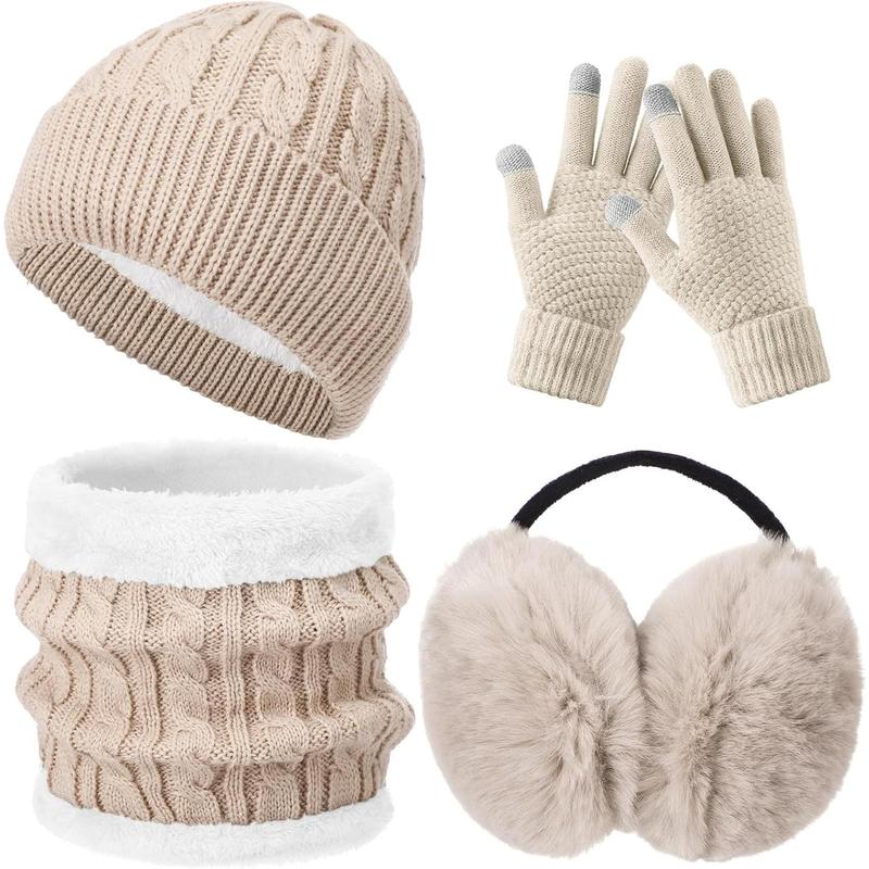 4count Winter Hat Scarf Gloves and Ear Warmers Set, Fleece Lined Knit Hat Scarf Touch Screen Gloves for Women Girl