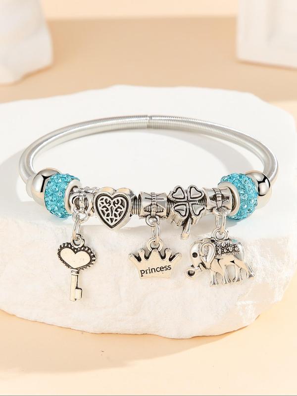 Cute Elephant & Heart & Crown & Key & Four Leaf Clover Charm Bangle, Fashion Jewelry for Party, Daily Clothing Decor, Trendy All-match & Exquisite Jewelry for Birthday Gift