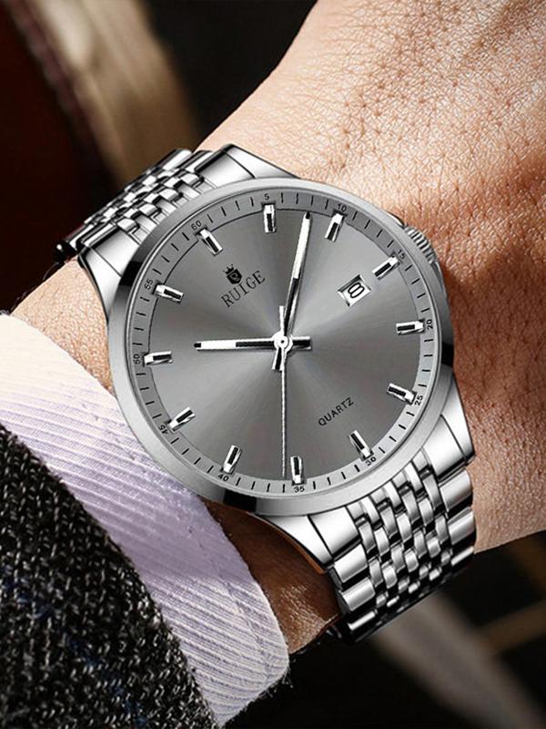 Men's Business Simple Stainless Steel Strap Waterproof Analog Quartz Watch, Fashion Watch for Clothing Decor, Trendy  Exquisite Watch for Gift with Box