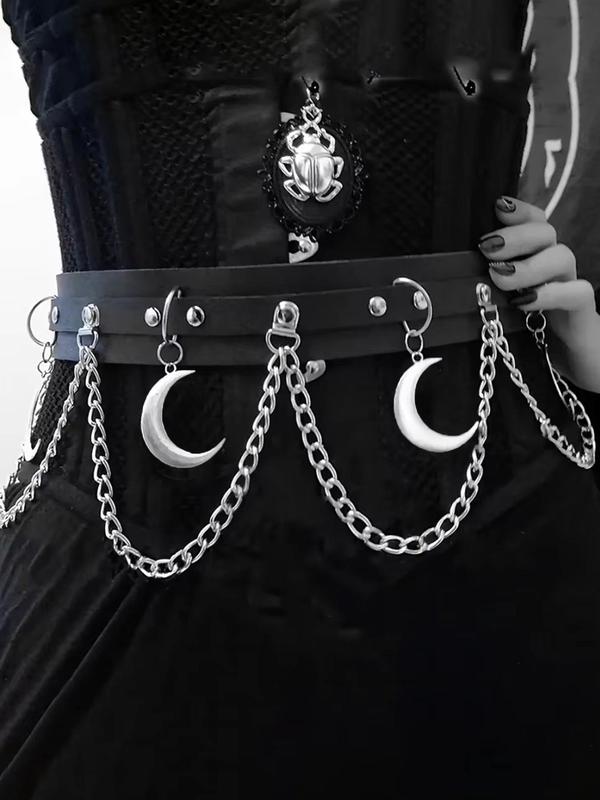 Women's Punk Style Moon Design Chain Belt, Fashion Gothic Style Pu Leather Belt for Party, Daily Clothing Decor, Trendy All-match Belt for Outfit Matching