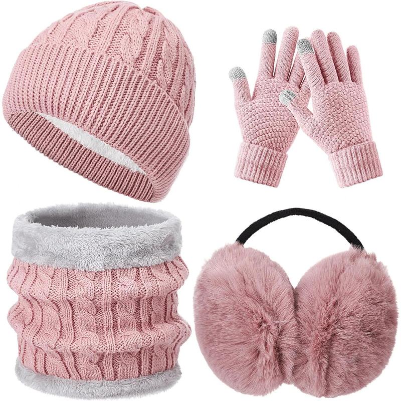 4count Winter Hat Scarf Gloves and Ear Warmers Set, Fleece Lined Knit Hat Scarf Touch Screen Gloves for Women Girl