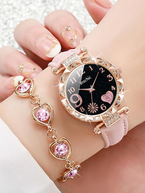 Elegant Wristwatch & Jewelry Set, Business Watch & Rhinestone Decor Heart Design Stud Earrings & Ring & Pendant Necklace & Bracelet, Chic Gorgeous Watch Set without Box As Gift