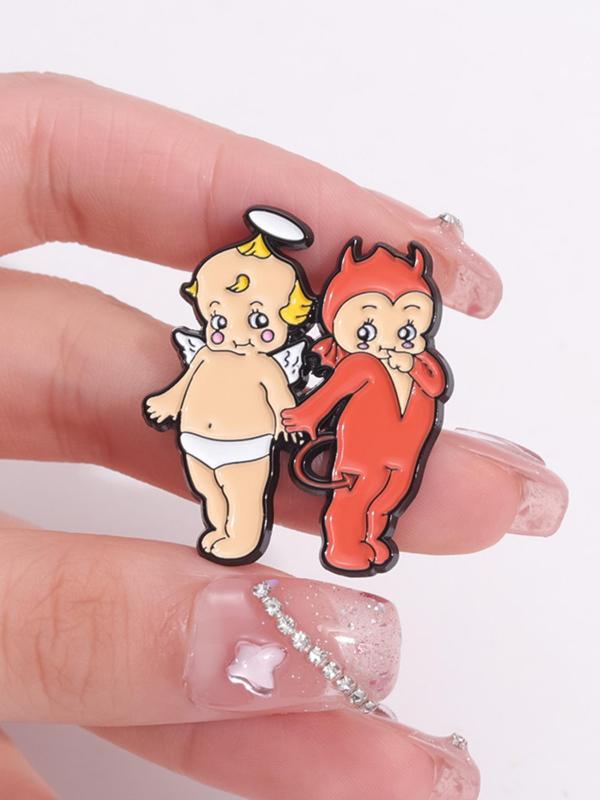 Cute Couple Design Brooch, Fashion Alloy Badge for Clothes, Creative Cartoon Angel & Devil Design Brooch, Fashion Accessories for Women & Men