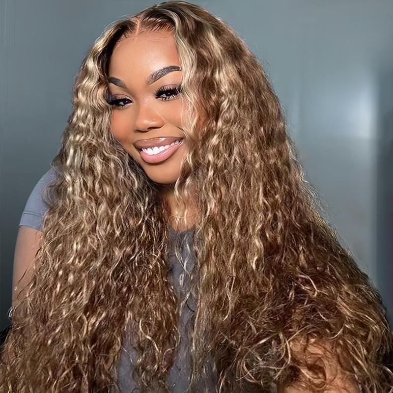 Wavymy Wear Go Glueless Pre Bleached Knots Wig Honey Blonde Highlight Water Wave Wig Minimalist 4x6 Pre-cut Pre-plucked Hairline Lace Wig 100% Human Hair