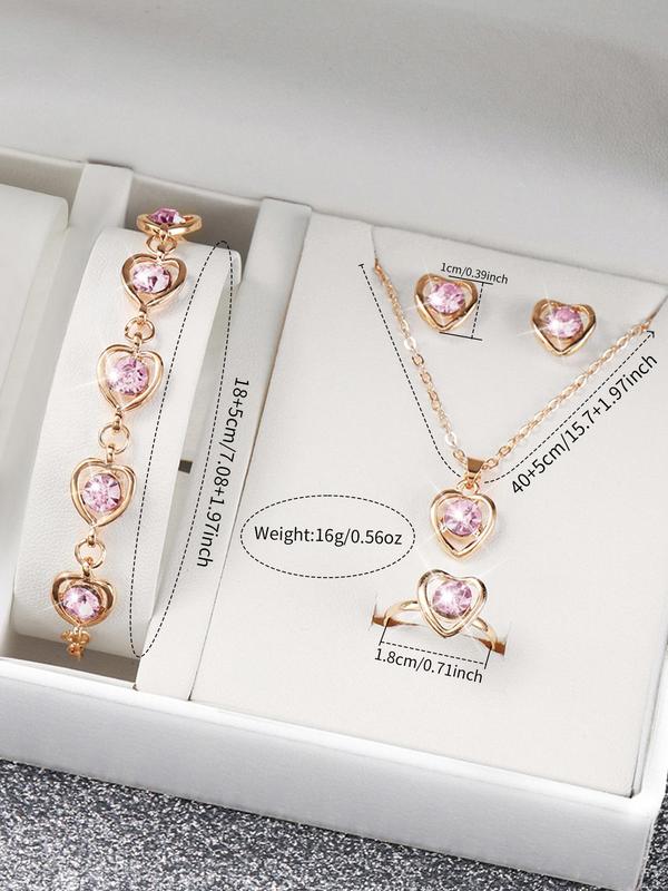 Elegant Wristwatch & Jewelry Set, Business Watch & Rhinestone Decor Heart Design Stud Earrings & Ring & Pendant Necklace & Bracelet, Chic Gorgeous Watch Set without Box As Gift