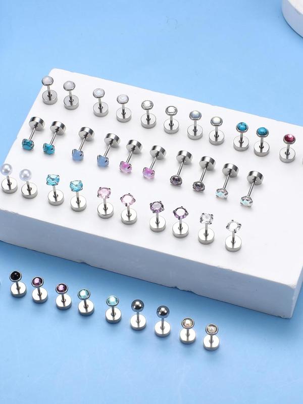 Mixed Color Screw Back Stud Earrings, Stainless Steel Cartilage Earrings for Women & Men, Trendy All-match & Exquisite Jewelry for Birthday Gift