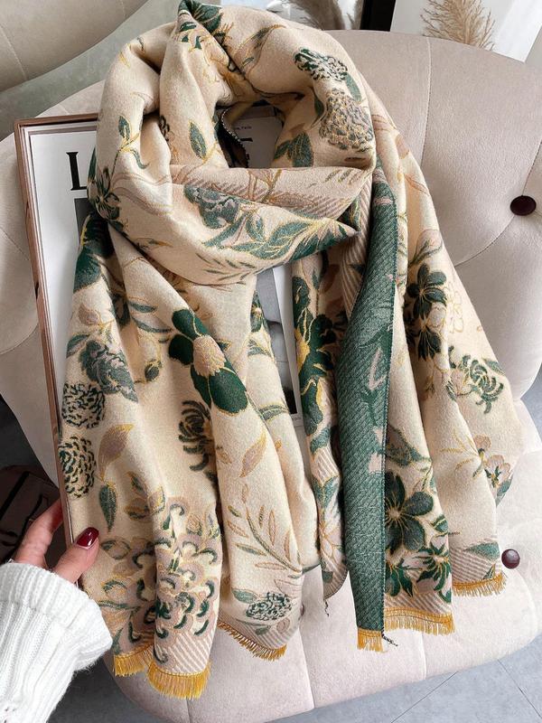 Boho Style Floral Print Fringe Trim Shawl, Casual Soft Warm Double Sided Scarf for Fall & Winter, Fashion Accessories for Women & Men