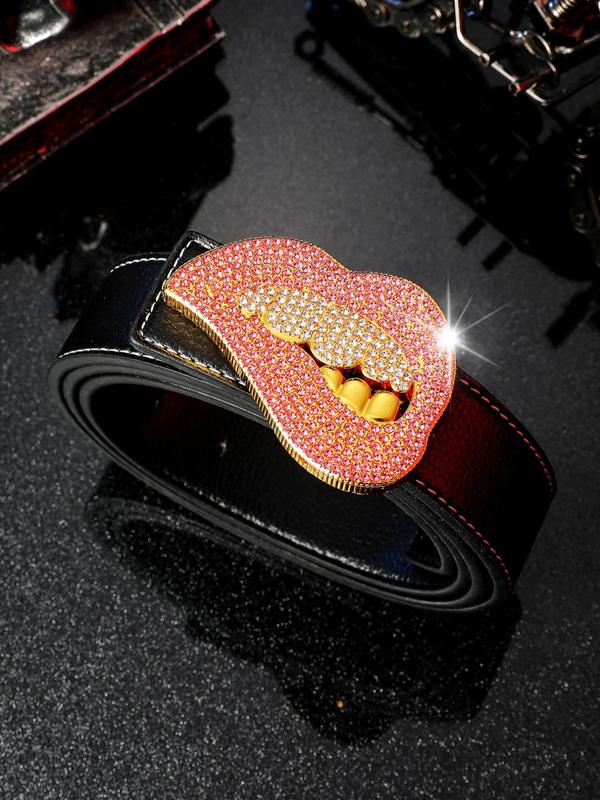 Fashion Rhinestone Decorated Lip Shaped Belt for Men, Street Punk Style Fashion Accessory, Hip Hop Style PU Leather Belt For Trouser, Dress