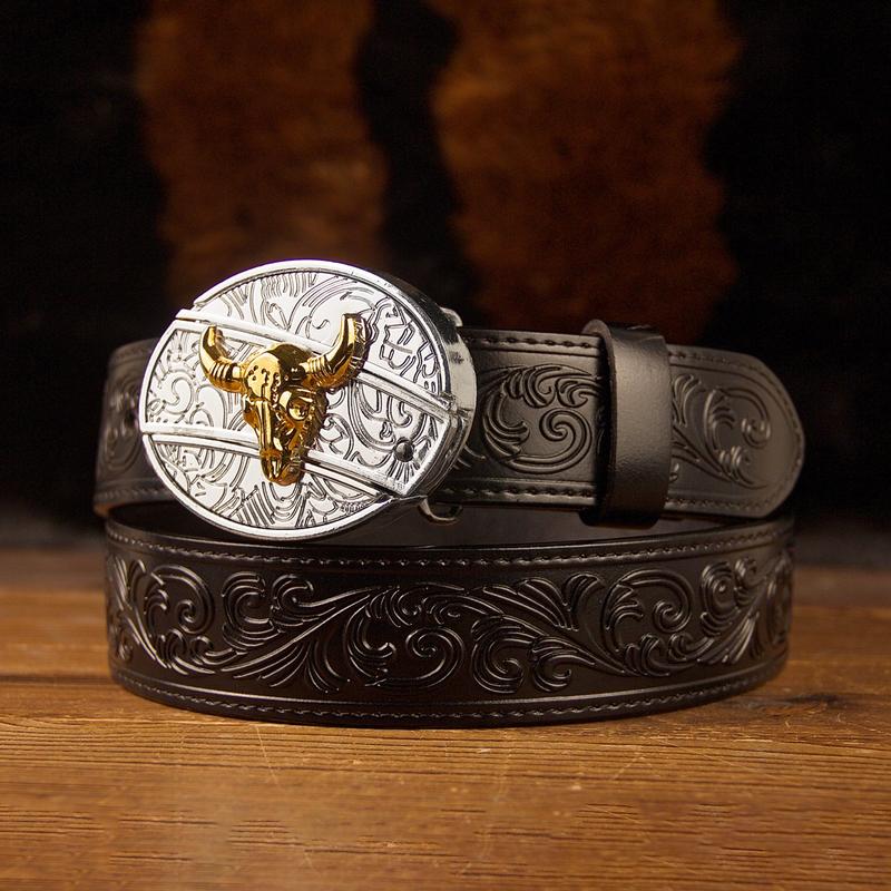 Black Leather Printed Belt and Two-color gold and silver oval removable western cowboy cowgirl Buckle Costume Decoration