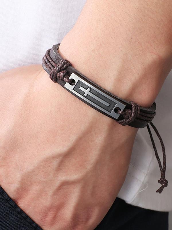 Men's Street Trend Cross Charm Bracelet,  Fashion Pu Leather Drawstring Bracelet, Retro Chic Jewelry As Holiday Gifts For Boyfriend