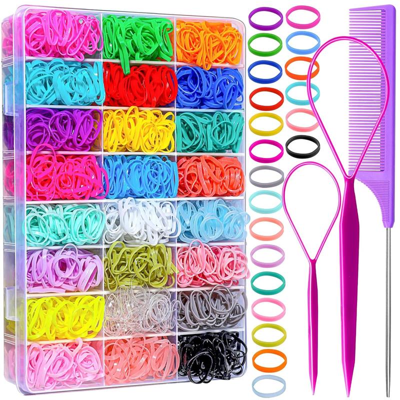 1500 Pcs  Strong &  Elastic Hair Bands  For All Hair  - Small Hair Ties With Hair Tail Tools, Rat Comb & Storage Box - Gifts For Girls