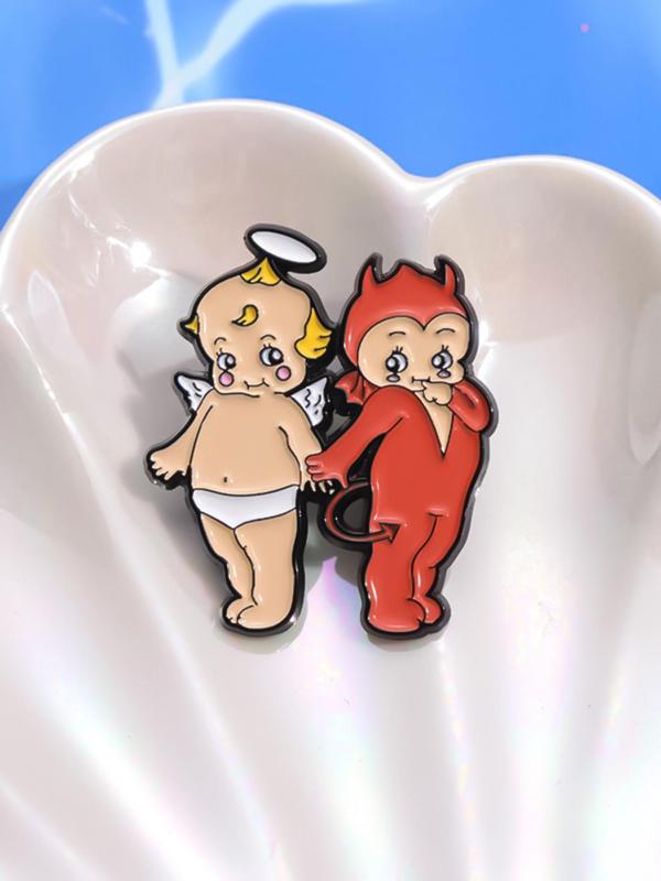 Cute Couple Design Brooch, Fashion Alloy Badge for Clothes, Creative Cartoon Angel & Devil Design Brooch, Fashion Accessories for Women & Men