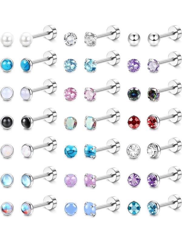 Mixed Color Screw Back Stud Earrings, Stainless Steel Cartilage Earrings for Women & Men, Trendy All-match & Exquisite Jewelry for Birthday Gift