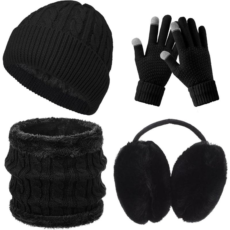 4count Winter Hat Scarf Gloves and Ear Warmers Set, Fleece Lined Knit Hat Scarf Touch Screen Gloves for Women Girl