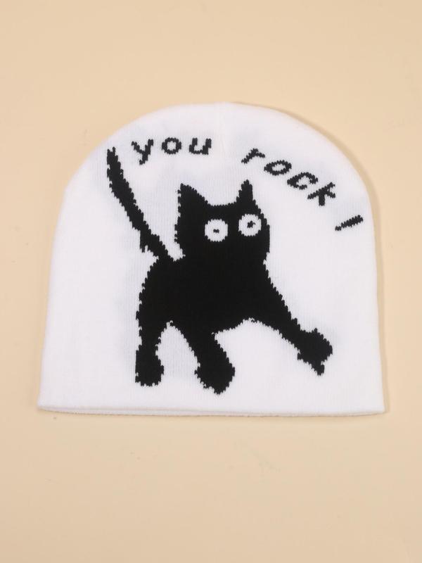 Cute Cat Pattern Beanie Hat, Street Style Letters Print Knit Beanie Hat for Fall & Winter, Warm Stylish All-match Accessories for Men & Women