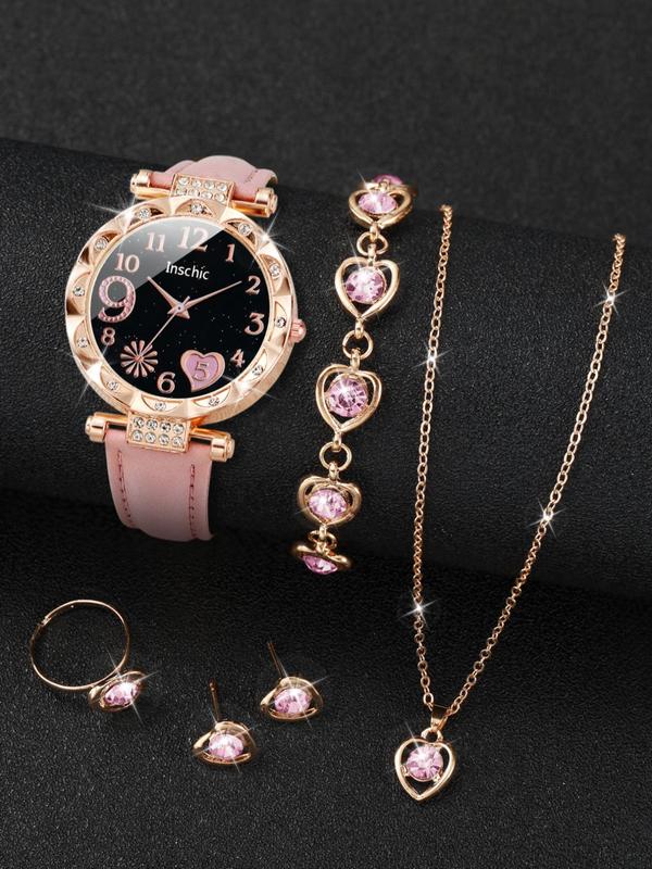 Elegant Wristwatch & Jewelry Set, Business Watch & Rhinestone Decor Heart Design Stud Earrings & Ring & Pendant Necklace & Bracelet, Chic Gorgeous Watch Set without Box As Gift