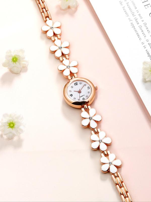 Women's Elegant Flower Design Quartz Watch, Fashionable Rhinestone Decor Analog Watch for Women & Girls, Trendy All-match Watch As Gift without Box