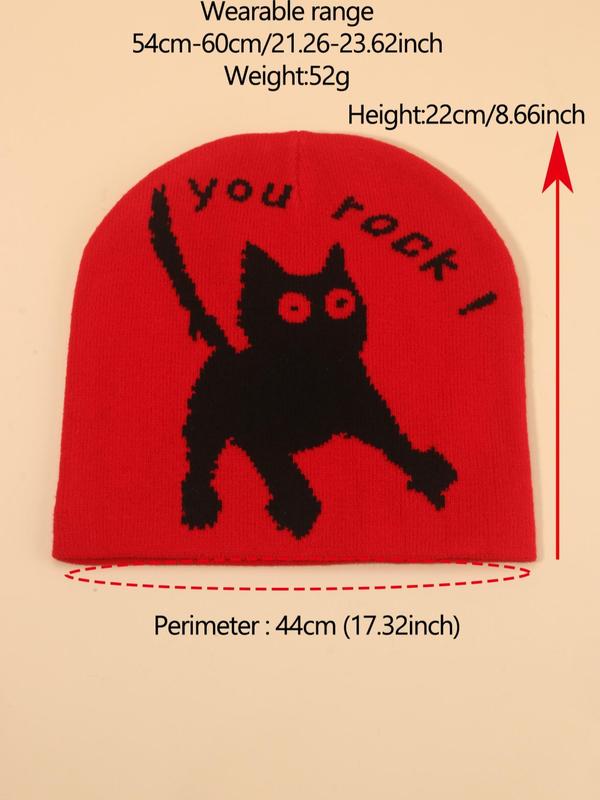 Cute Cat Pattern Beanie Hat, Street Style Letters Print Knit Beanie Hat for Fall & Winter, Warm Stylish All-match Accessories for Men & Women