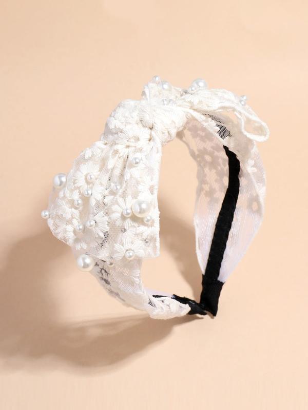 Elegant Faux Pearl Bow Decor Hair Hoop, Solid Color Romantic Headband With Floral Embroidery Bowknot Decor, Fashion Hair Accessories For Girls & Women