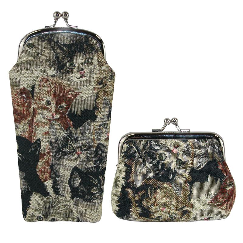 CTM Women's Cat Print Tapestry Glasses Case and Coin Purse Set