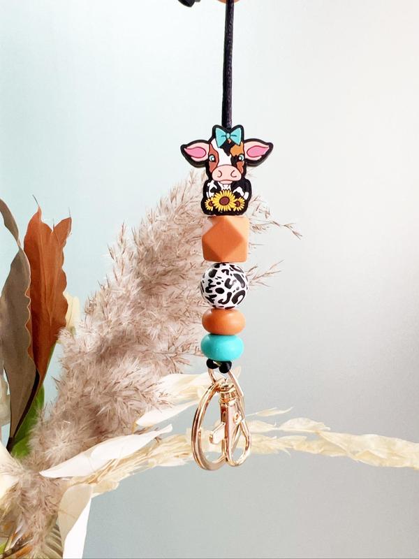 Boho Style Cute Cow & Flower Design Beaded Keychain, Tassel Decor Keychain for Women & Men for Daily Decor, Trendy All-match & Exquisite Keychain for Birthday Gift