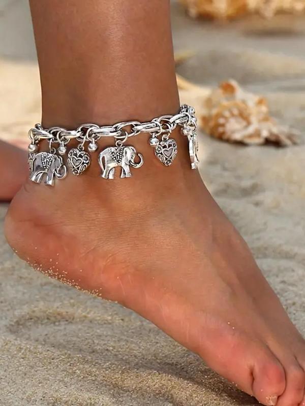 Vintage Elephant & Heart Charm Anklet,  Fashionable Adjustable Anklet for Women & Girls for Party, Daily Clothing Decor, Trendy All-match & Exquisite Jewelry for Birthday Gift