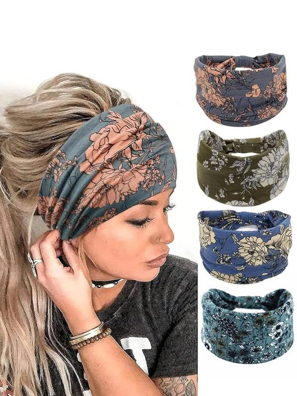 Floral Print Knot Design Sports Hair Band, Pickleball & Tennis Clothes, Sporty Wide Hair Band for Yoga Running Cycling, Elastic Sweat-absorbent Sports Hair Band