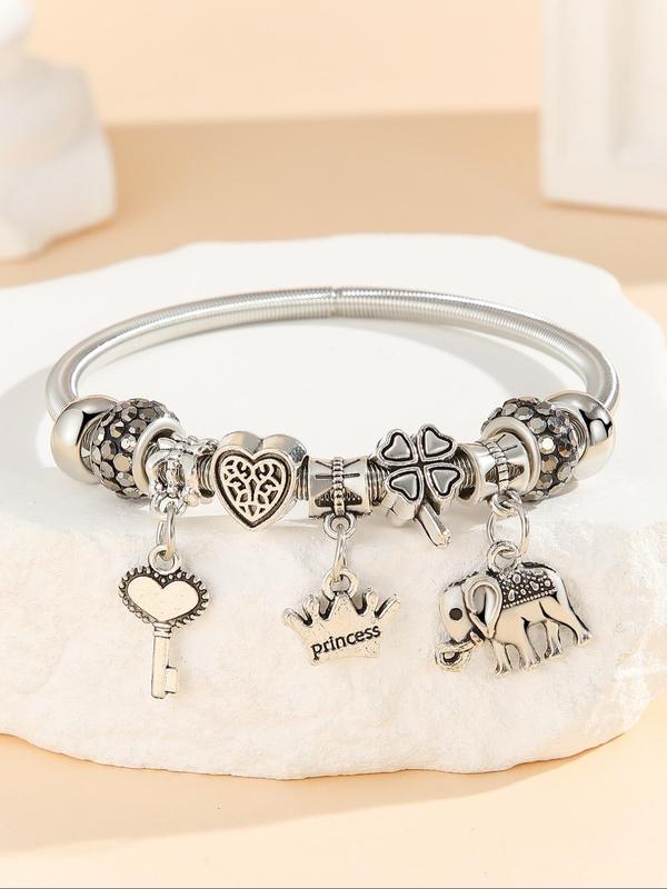 Cute Elephant & Heart & Crown & Key & Four Leaf Clover Charm Bangle, Fashion Jewelry for Party, Daily Clothing Decor, Trendy All-match & Exquisite Jewelry for Birthday Gift