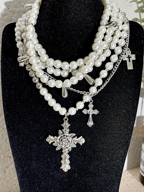 Women's Elegant Faux Pearl Decorated Layered Necklace, Vintage Trendy Cross Pendant Necklace, Chic Jewelry As Gift for Girlfriend