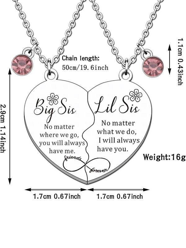 Big Sis Little Sis Letter Pattern Heart Shaped Pendant Necklaces, Rhinestone Decor Necklaces for Sister, Fashion Jewelry Accessories for Women As Gift