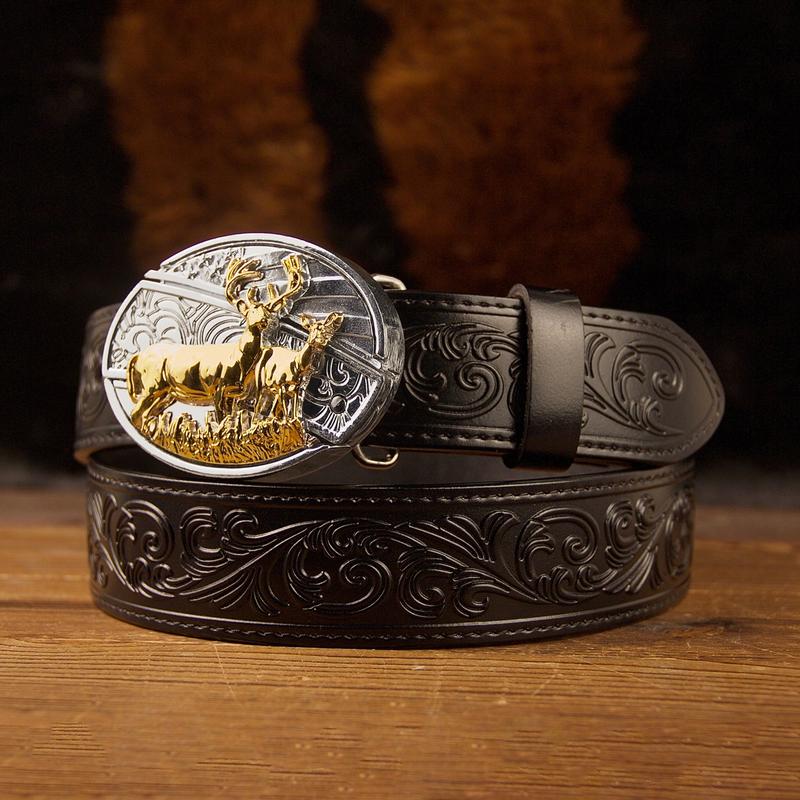 Black Leather Printed Belt and Two-color gold and silver oval removable western cowboy cowgirl Buckle Costume Decoration