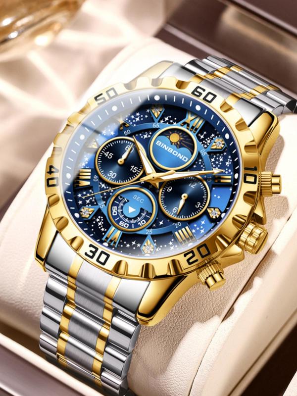 Men's Business Fashion Round Dial Analog Quartz Watch, Fashion Watch for Party, Daily Clothing Decor, Trendy All-match & Exquisite Watch for Birthday Gift with Box