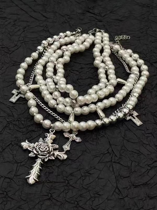 Women's Elegant Faux Pearl Decorated Layered Necklace, Vintage Trendy Cross Pendant Necklace, Chic Jewelry As Gift for Girlfriend