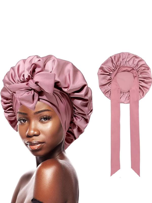 Solid Color Satin Bonnet, Ruched Design Sleeping Bonnet with Ribbon, Fashion Hair Accessories for Women & Girls