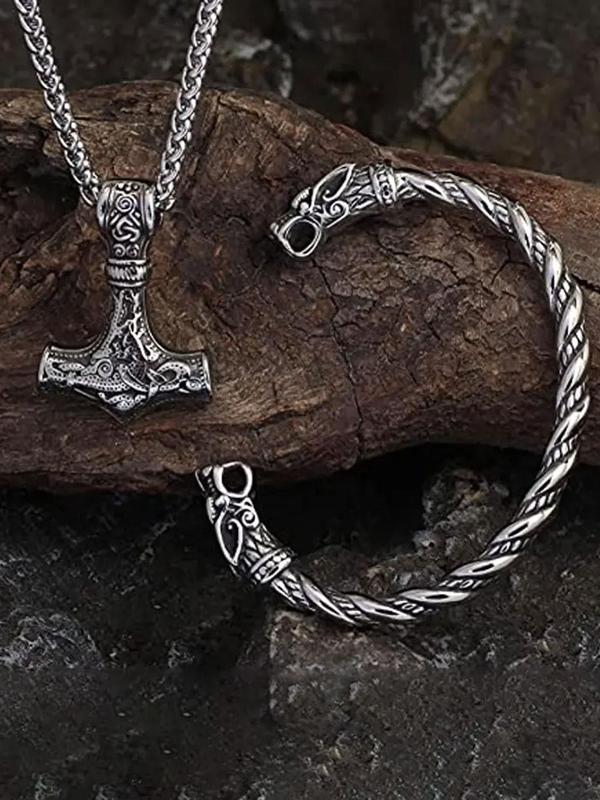 Vintage Viking Wolf Head Design Bangle & Hammer Pendant Necklace Set, New Trendy Matching Jewelry Set for Gift, Hip Hop Punk Classic Fashion Accessories