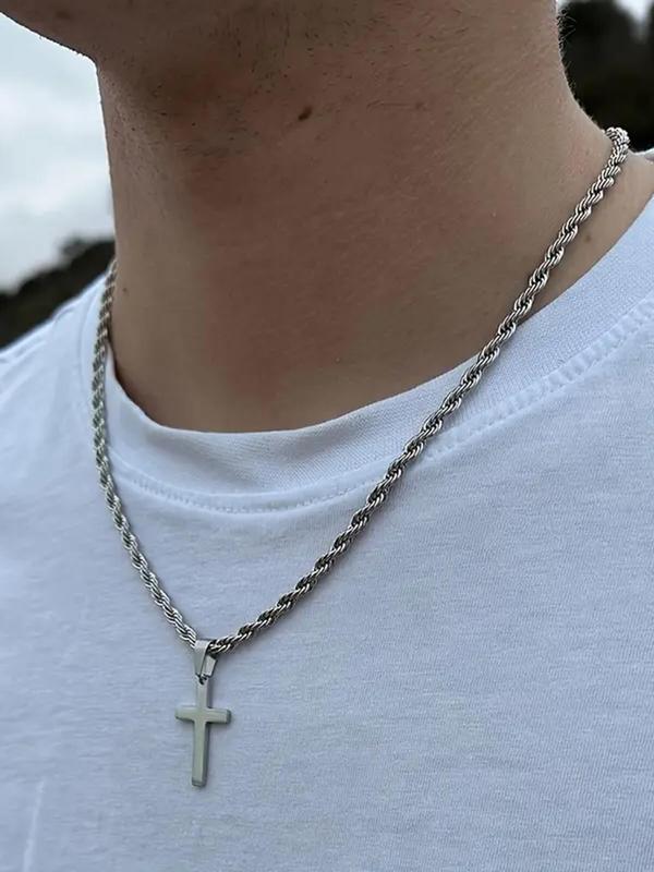 Unisex Street Style Cross Pendant Necklace for Summer, Luxury Jewelry, Punk Stainless Steel Twist Chain Necklace for Party, Daily Decor, Trendy All-match Hip Hop Vintage Jewelry As Birthday Gift