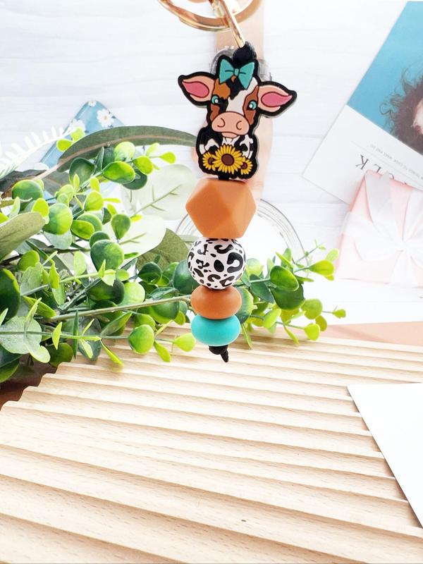 Boho Style Cute Cow & Flower Design Beaded Keychain, Tassel Decor Keychain for Women & Men for Daily Decor, Trendy All-match & Exquisite Keychain for Birthday Gift