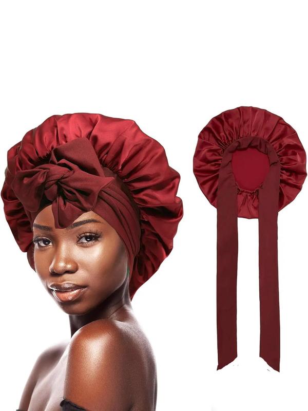 Solid Color Satin Bonnet, Ruched Design Sleeping Bonnet with Ribbon, Fashion Hair Accessories for Women & Girls