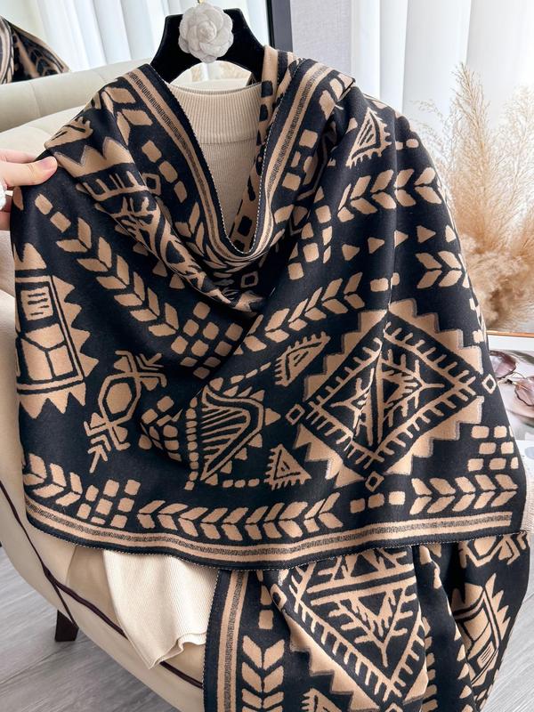 Women's All Over Geometric Print Double Sided Thickened Shawl, Casual Soft Warm Long Scarf for Fall & Winter, Fashion Accessories for Daily Wear