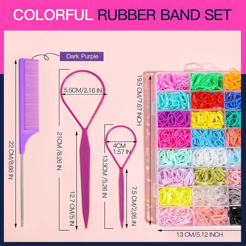 1500 Pcs  Strong &  Elastic Hair Bands  For All Hair  - Small Hair Ties With Hair Tail Tools, Rat Comb & Storage Box - Gifts For Girls