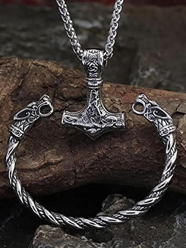 Vintage Viking Wolf Head Design Bangle & Hammer Pendant Necklace Set, New Trendy Matching Jewelry Set for Gift, Hip Hop Punk Classic Fashion Accessories