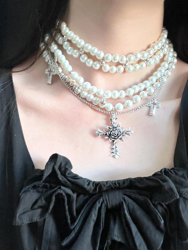 Women's Elegant Faux Pearl Decorated Layered Necklace, Vintage Trendy Cross Pendant Necklace, Chic Jewelry As Gift for Girlfriend