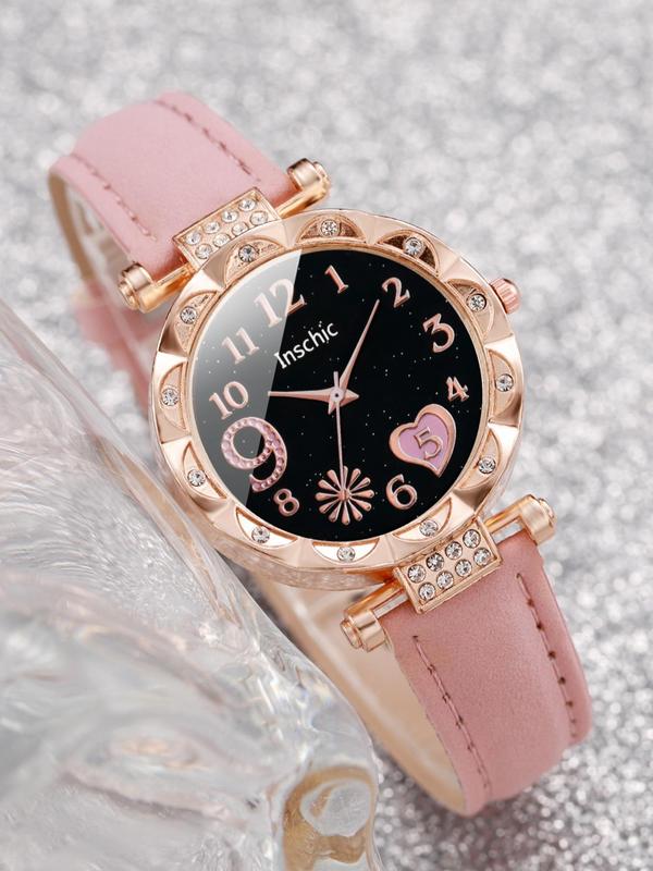 Elegant Wristwatch & Jewelry Set, Business Watch & Rhinestone Decor Heart Design Stud Earrings & Ring & Pendant Necklace & Bracelet, Chic Gorgeous Watch Set without Box As Gift