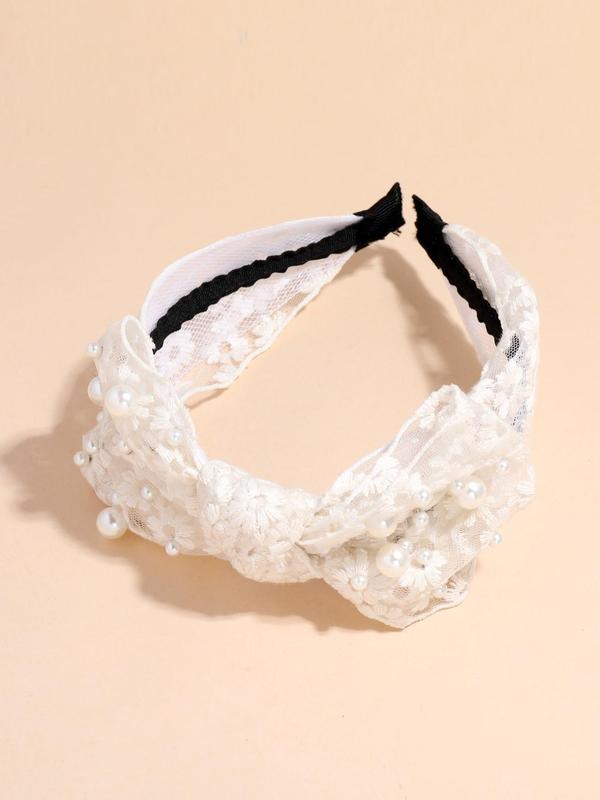 Elegant Faux Pearl Bow Decor Hair Hoop, Solid Color Romantic Headband With Floral Embroidery Bowknot Decor, Fashion Hair Accessories For Girls & Women